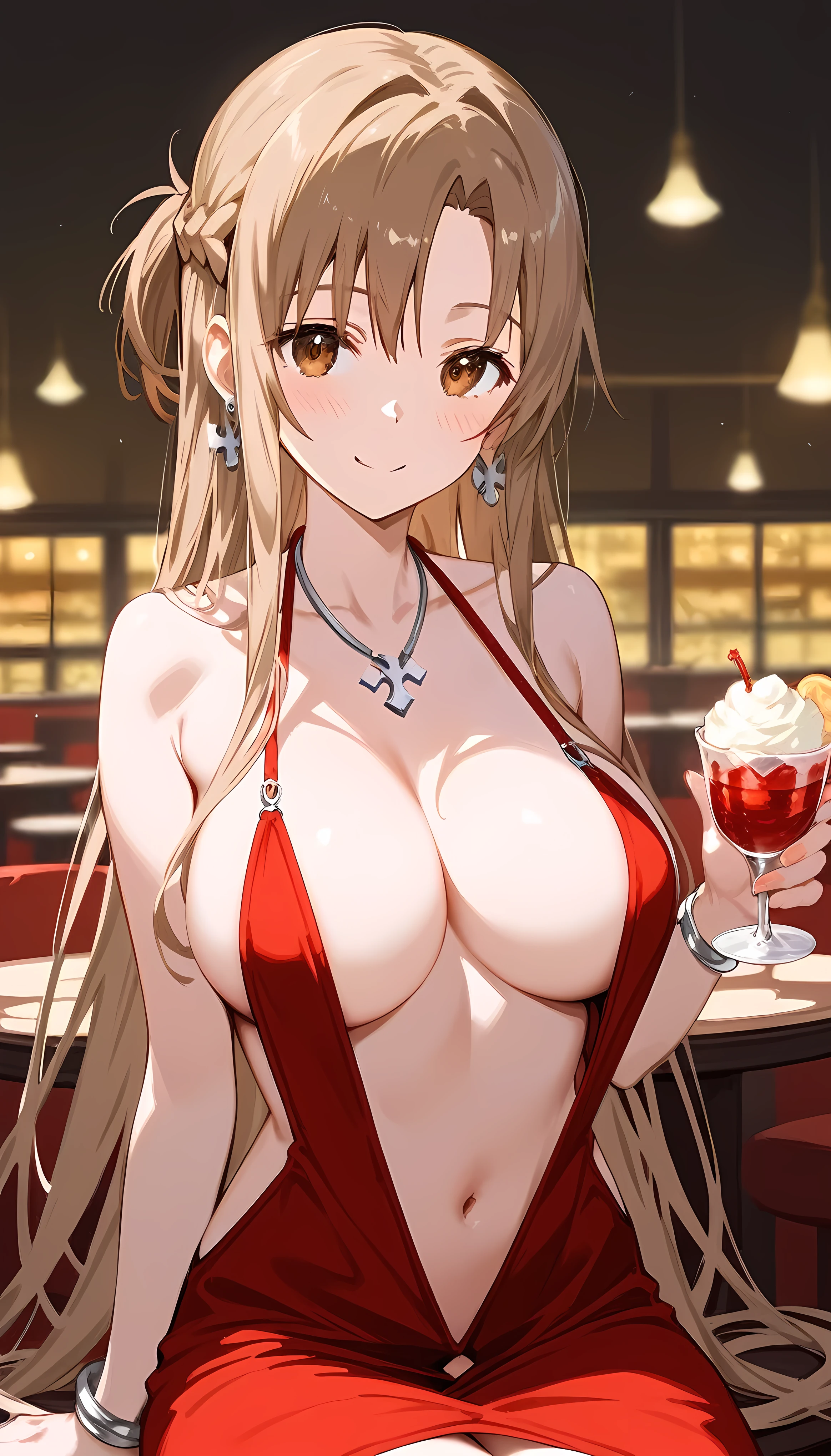 score_9,score_8_up,score_7_up,18 year old,1girl,asuna \(sao-alo\), sword art online,yuuki asuna,solo, brown eyes, brown hair, long hair, bangs, braid,sitting, holding cup,seductive-smile,blush,large breasts,brown hair,parted hair,long hair,red dress,halter dress,plunging neckline,center opening,cleavage,navel,earrings,bracelet,restaurant,