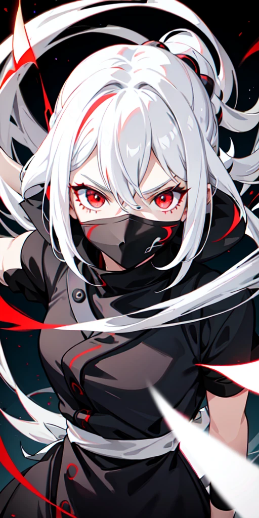1girl, white hair, multicolored hair, red eyes, (ninja) , light particles, wallpaper,