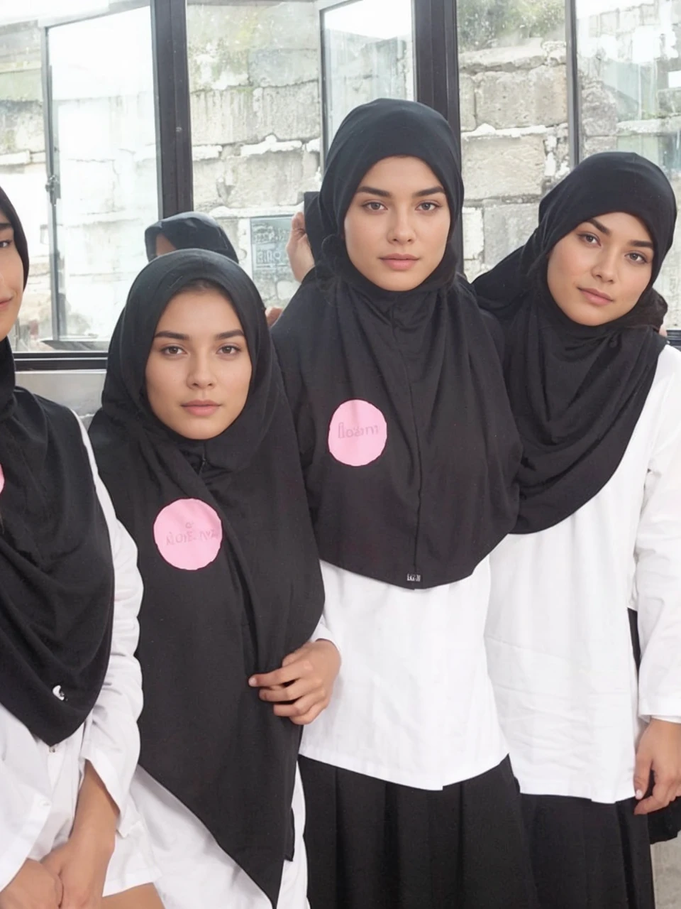 1 Malay woman wearing hijab is standing . Big breast and big butt . at the office desk for a computer. realistic. hyper realistic image. 8k . HD . Malay women wearing a red baju kurung headscarf . have a chubby body shape. Seductive face