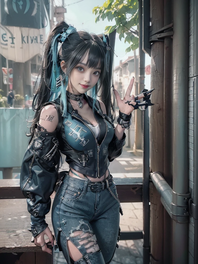 (Full Body View:1.2)、(Full body:1.3)、(Smiling with teeth showing:1.3),(Shibuya Gal:1.5)、(Maid cafe fashion:1.5)、(Punk RockVisual Kei:1.5)、(Wearing a rhythmic gymnastics bodysuit with intricate details:1.4)、(Racing suit and pants with intricate turquoise, denim and charcoal decorations:1.5)、(Denim and light blue and turquoise boots:1.3)、((belt))、(Numerous delicate logo marks all over the costume:1.4)、(collar:1.3)、(Polka dot underwear:1.5)、20-year-old、NSFW、((Highest quality、In 8K、masterpiece:1.3))、Sharp focus:1.2、(Layered Cut、Huge boobs:1.1),Beautiful woman with perfect figure:1.4、(do a gravure pose:1.3)、Slender Abs:1.2、Highly detailed face and skin texture、Detailed eyes、double eyelid,(Twin tails:1.3)、(Black brown hair:1.3)、Gravure idol、(The background is the stage of the fashion show:1.3)、(Slim Body:1.3),(Make your legs thinner:1.4),（clavicle:1.1）