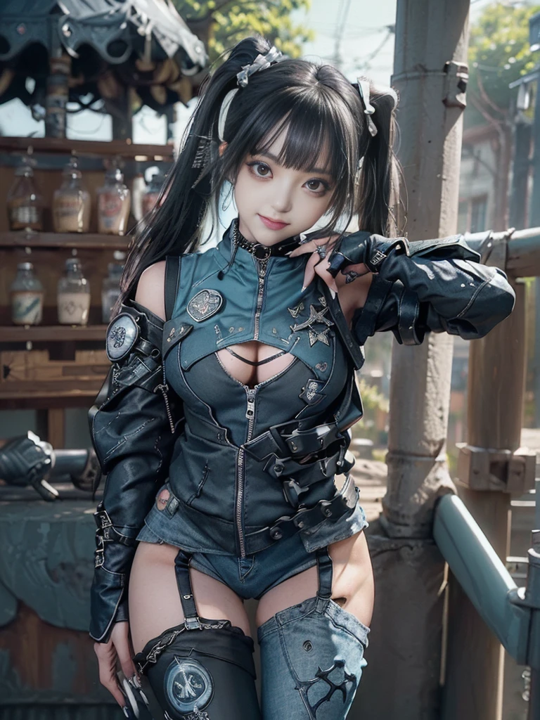 (Full body view:1.4)、(Full Body View:1.4)、(Side view:1.1)、(Smiling with teeth showing:1.3),(Shibuya Gal:1.5)、(Special forces fighter:1.5)、(Punk RockVisual Kei:1.4)、(Turquoise, navy and denim medieval noble zip up:1.5)、(Navy and white arm covers and bugle pants:1.5)、(Blue high heels:1.3)、(Wearing silver accessories:1.5)、(Dark brown collar:1.4)、(Leather garter belt:1.4)、(Brown Skin Belt:1.3)、(Black lace underwear:1.5)、20-year-old、NSFW、((Highest quality、In 8K、masterpiece:1.3))、Sharp focus:1.2、(Layered Cut、Huge boobs:1.1),Beautiful woman with perfect figure:1.4、(Doing an aerobics pose:1.3)、Slender Abs:1.2、Highly detailed face and skin texture、Detailed eyes、double eyelid,(Twin tails:1.3)、(Black Hair:1.3)、Gravure idol、(A fairytale-like cafe with a lush tree background:1.3)、(Slim body:1.3),(Make your legs thinner:1.4),(Thin, thin thighs:1.3)、(clavicle:1.1)
