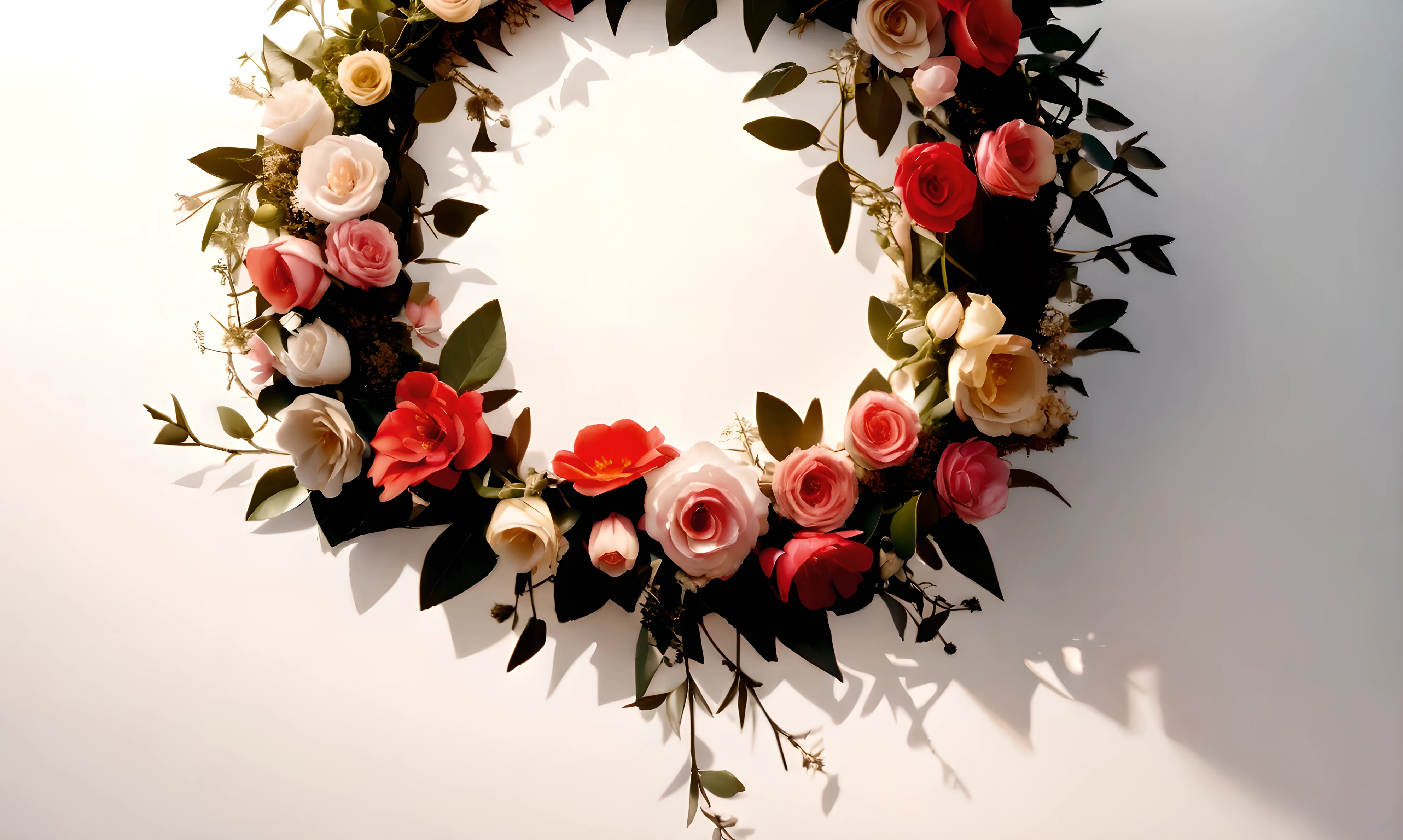 White background,a wreath, Made of flowers, Perfect minimalist composition, , elegant composition, Beautiful composition 3-d 4k, Background still life photo