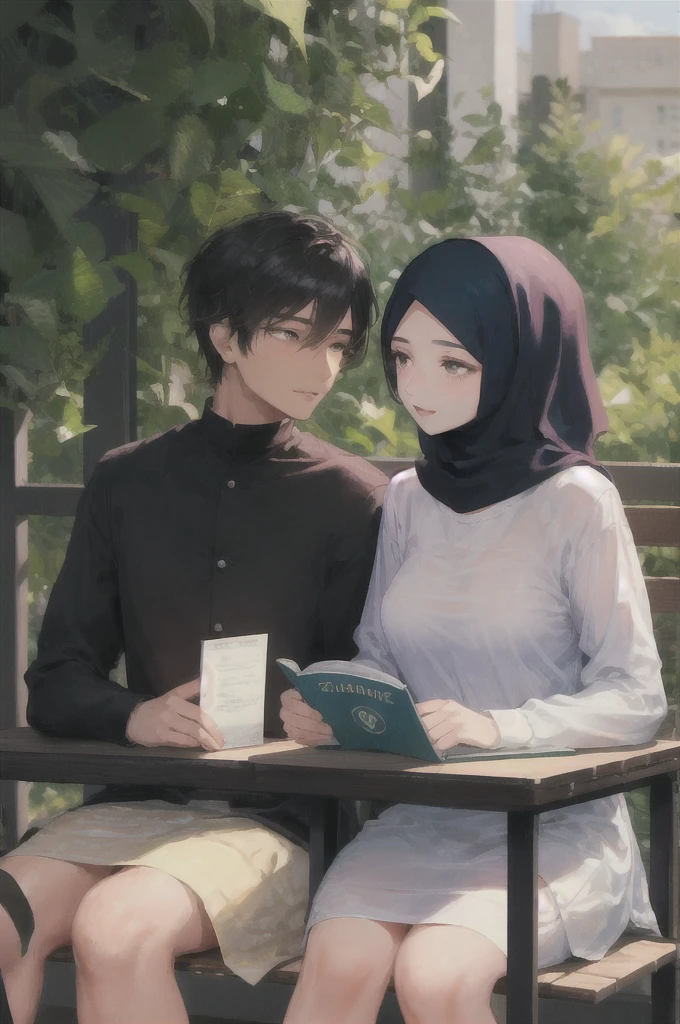 Muslim husband and wife sitting together. The wife is studying with her head on her husband's chest. The wife's clothes will be short. Nature will be in the environment.