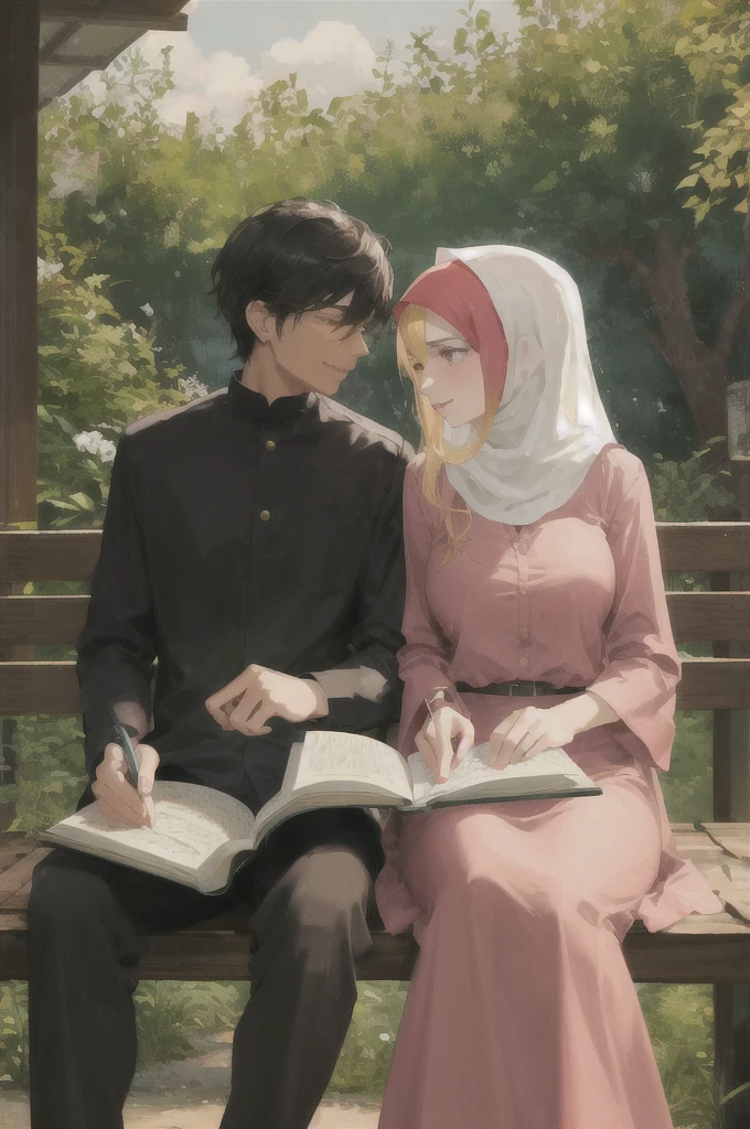 Muslim husband and wife sitting together. The wife is studying with her head on her husband's chest. The wife's clothes will be short. Nature will be in the environment.