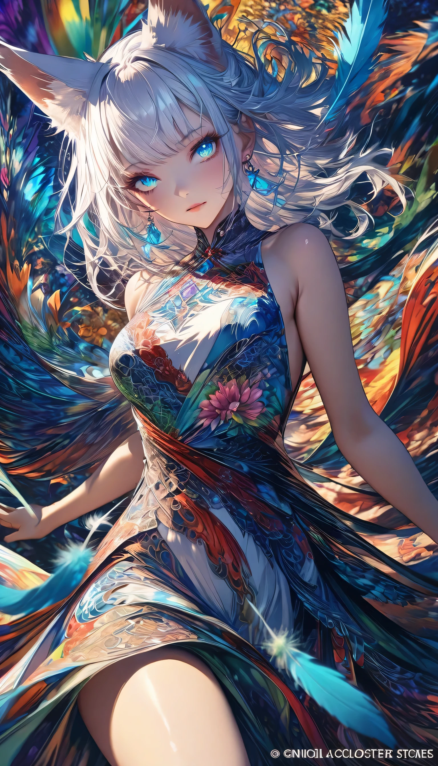 (Masterpiece, Top Quality, Top Quality, Official Art, Beautiful and Aesthetic: 1.2), (1 Girl: 1.3), White and Blue, Very Detailed, (Fractal Art: 1.1), (Colorful: 1.1) (Flower: 1.3), Supreme Detail, (Zentangle: 1.2), (Dynamic Pose), (Abstract Background: 1.3), (Shiny Skin), (Many Colors: 1.4), (Earrings), (Feathers: 1.5), ( Wind: 1.3), emerald, white hair, wrapped in light, detailed background, phoenix dress, fox ears, blue flowers, vivid eyes