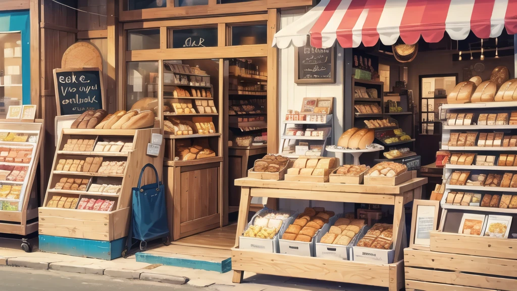 In front of the shop, bread, glasses of milk, various snacks on the table.