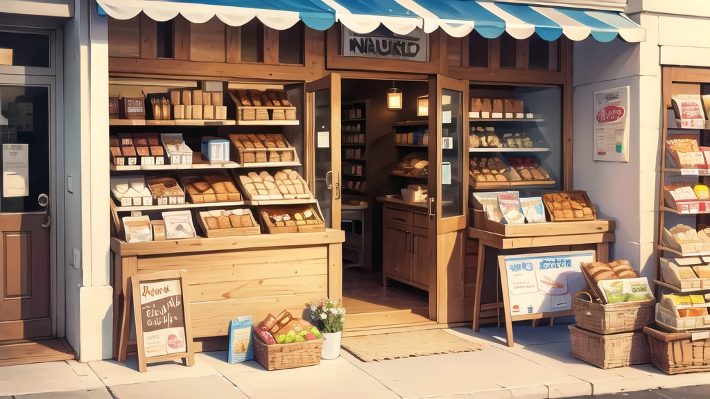 In front of the shop, bread, glasses of milk, various snacks on the table.