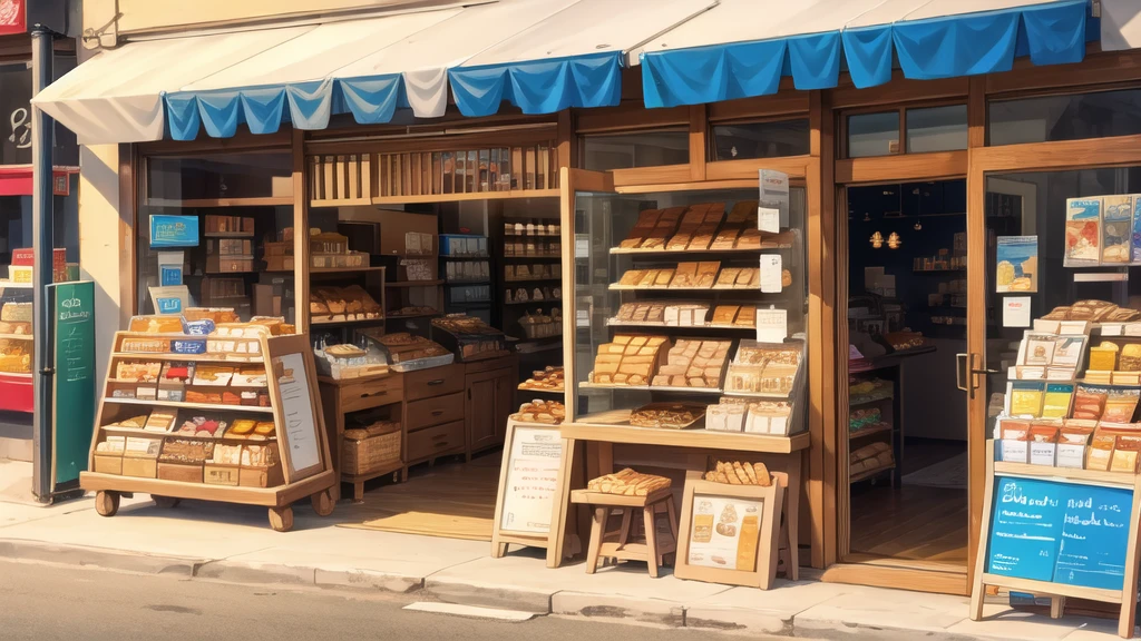 In front of the shop, bread, glasses of milk, various snacks on the table. 