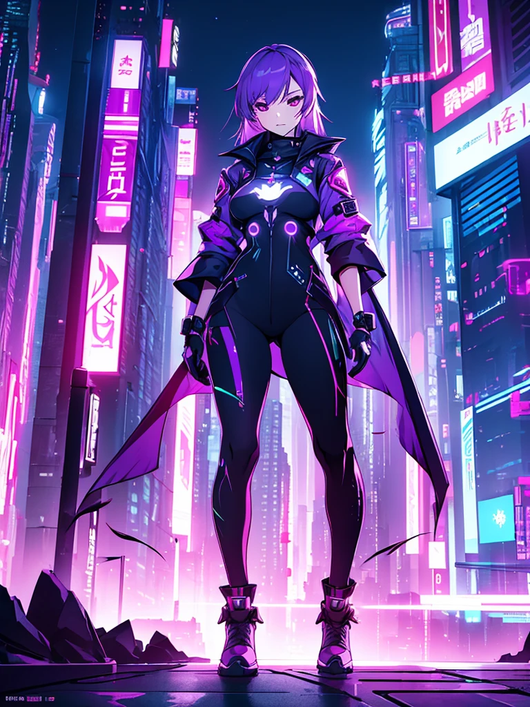 Keqing, 1women, wearing a futuristic outfit, cyberpunk outfit, at a future city, cyberpunk look, purple colour hair, 8k, high detailed, high quality
