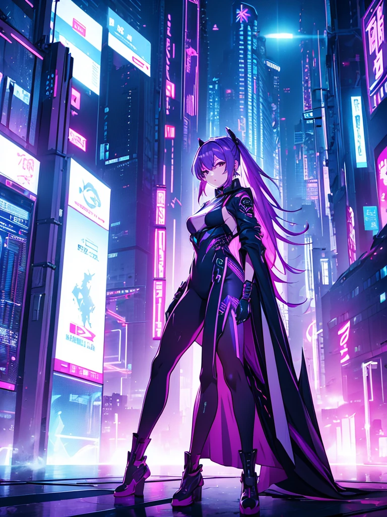 Keqing, 1women, wearing a futuristic outfit, cyberpunk outfit, at a future city, cyberpunk look, purple colour hair, 8k, high detailed, high quality
