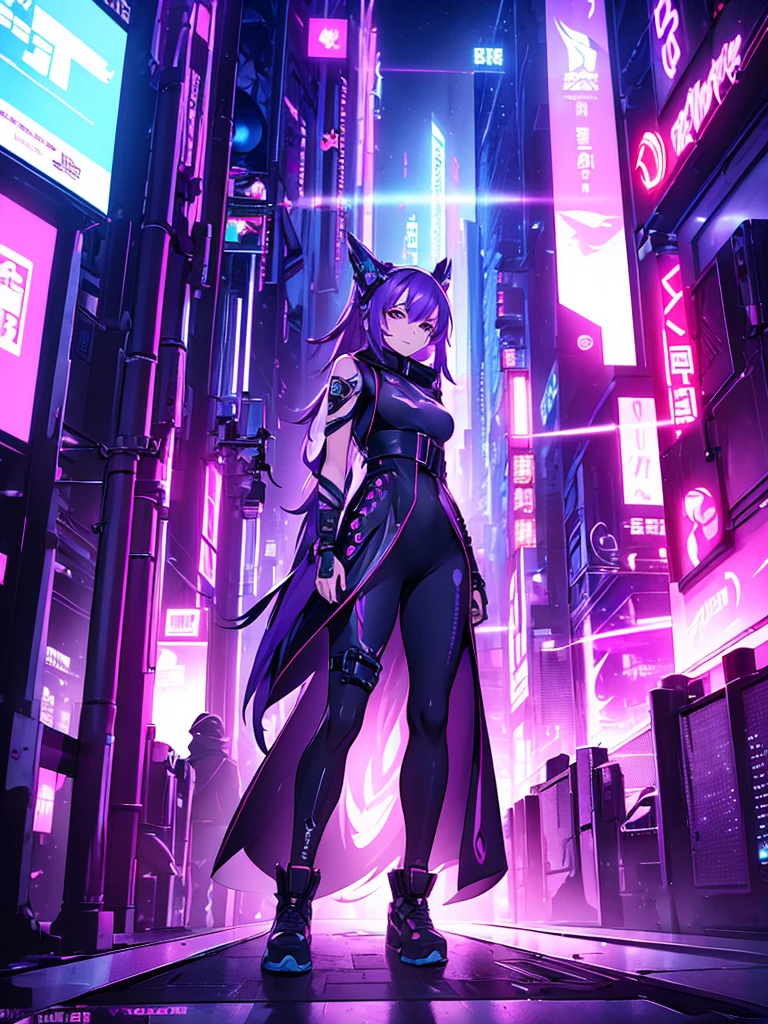 Keqing, 1women, wearing a futuristic outfit, cyberpunk outfit, at a future city, cyberpunk look, purple colour hair, 8k, high detailed, high quality
