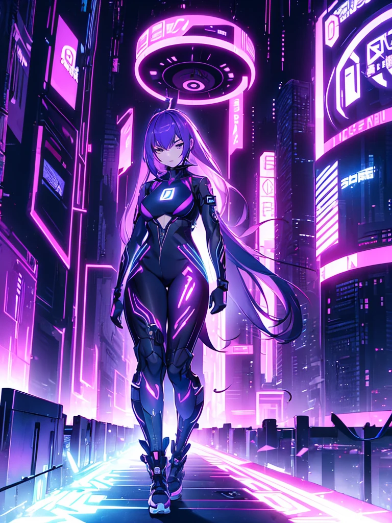 Keqing, 1women, wearing a futuristic outfit, cyberpunk outfit, at a future city, cyberpunk look, purple colour hair, 8k, high detailed, high quality
