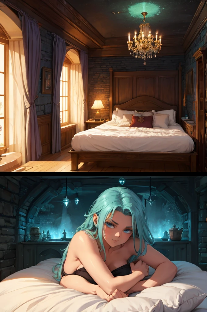 fantasy deep night, bedroom in a fantasy tavern, night in bedroom