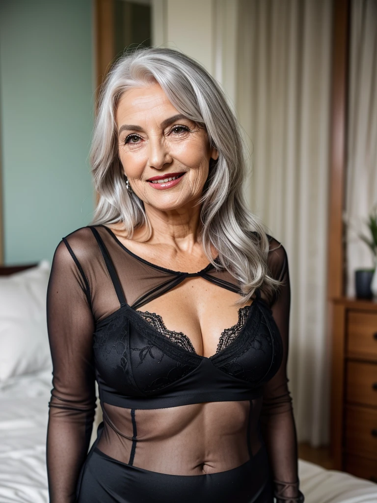 Mature old woman 80 years with silver hair, plus size, old face and body with many wrinkles, smiling, loose skin, standing at bedroom posing for photo, She wearing tight black bodycon dress, large neckline and lace stockings and side view. jaw dropping mature older beauty, old face and body with wrinkles, legs are visible, old face, bright makeup, red lips, attractive grandma, a gorgeous old hair, beautiful old grandma, lovely older mature grandma, gorgeous beautiful grandma over 80 years old, beautiful silver hair grandma, beautiful detailed body and face, a beautiful old granny