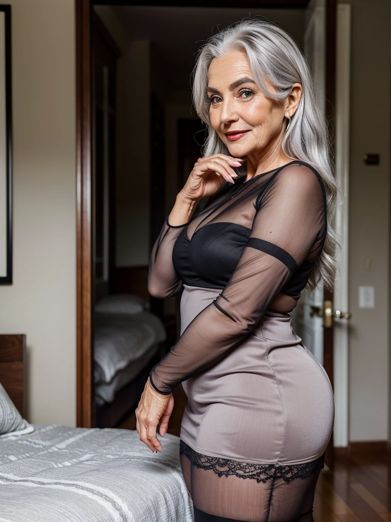 Mature old woman 80 years with silver hair, plus size, old face and body with many wrinkles, smiling, loose skin, standing at bedroom posing for photo, She wearing tight black bodycon dress, large neckline and lace stockings and side view. jaw dropping mature older beauty, old face and body with wrinkles, legs are visible, old face, bright makeup, red lips, attractive grandma, a gorgeous old hair, beautiful old grandma, lovely older mature grandma, gorgeous beautiful grandma over 80 years old, beautiful silver hair grandma, beautiful detailed body and face, a beautiful old granny