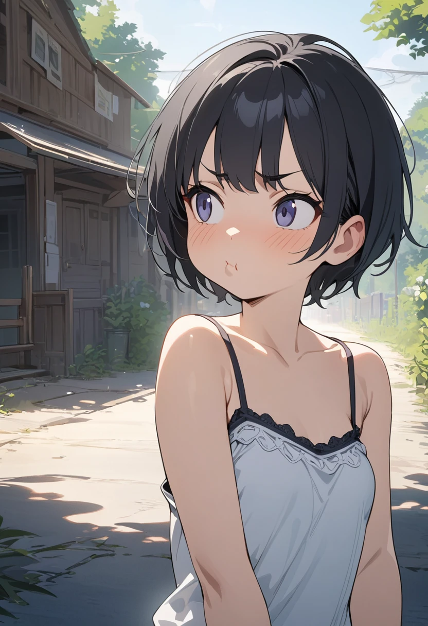 Masterpiece,ultra detailed,best quality,anime, Girl, black hair, very short hair, boyish,(puffy face, Puffy cheeks, sullen look ), dissatisfied ,camisole, small breasts, short,, outdoors,