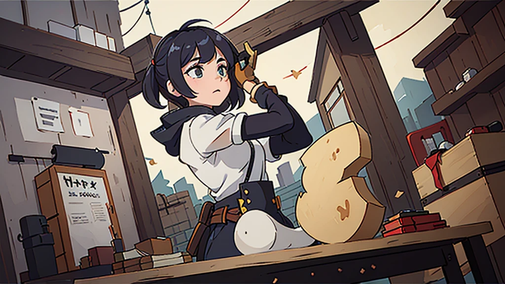 On a stone table were some carpentry tools scattered in an open wooden box. Seen outside the box is a wooden crab, saw,
a hammer and a pair of gloves .Describe this situation from a close distance, emphasizing the shapes , interlacing and space