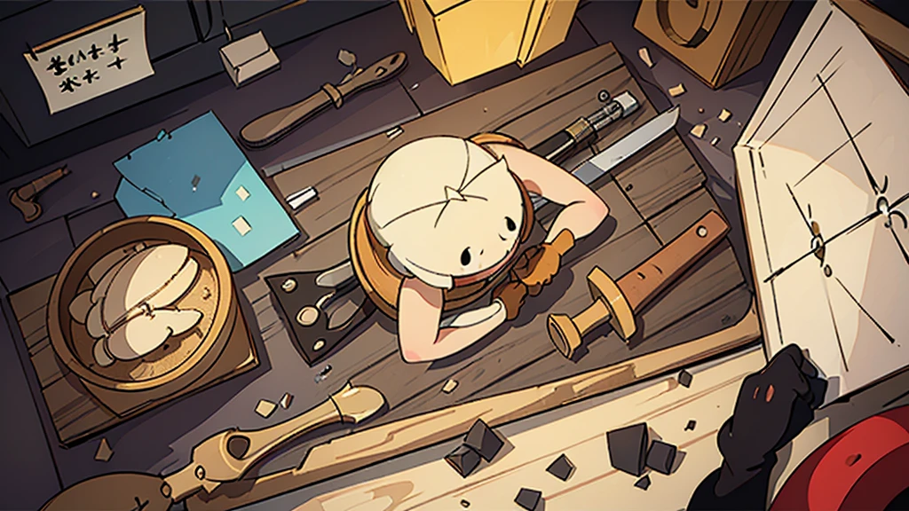 On a stone table were some carpentry tools scattered in an open wooden box. Seen outside the box is a wooden crab, saw,
a hammer and a pair of gloves .Describe this situation from a close distance, emphasizing the shapes , interlacing and space