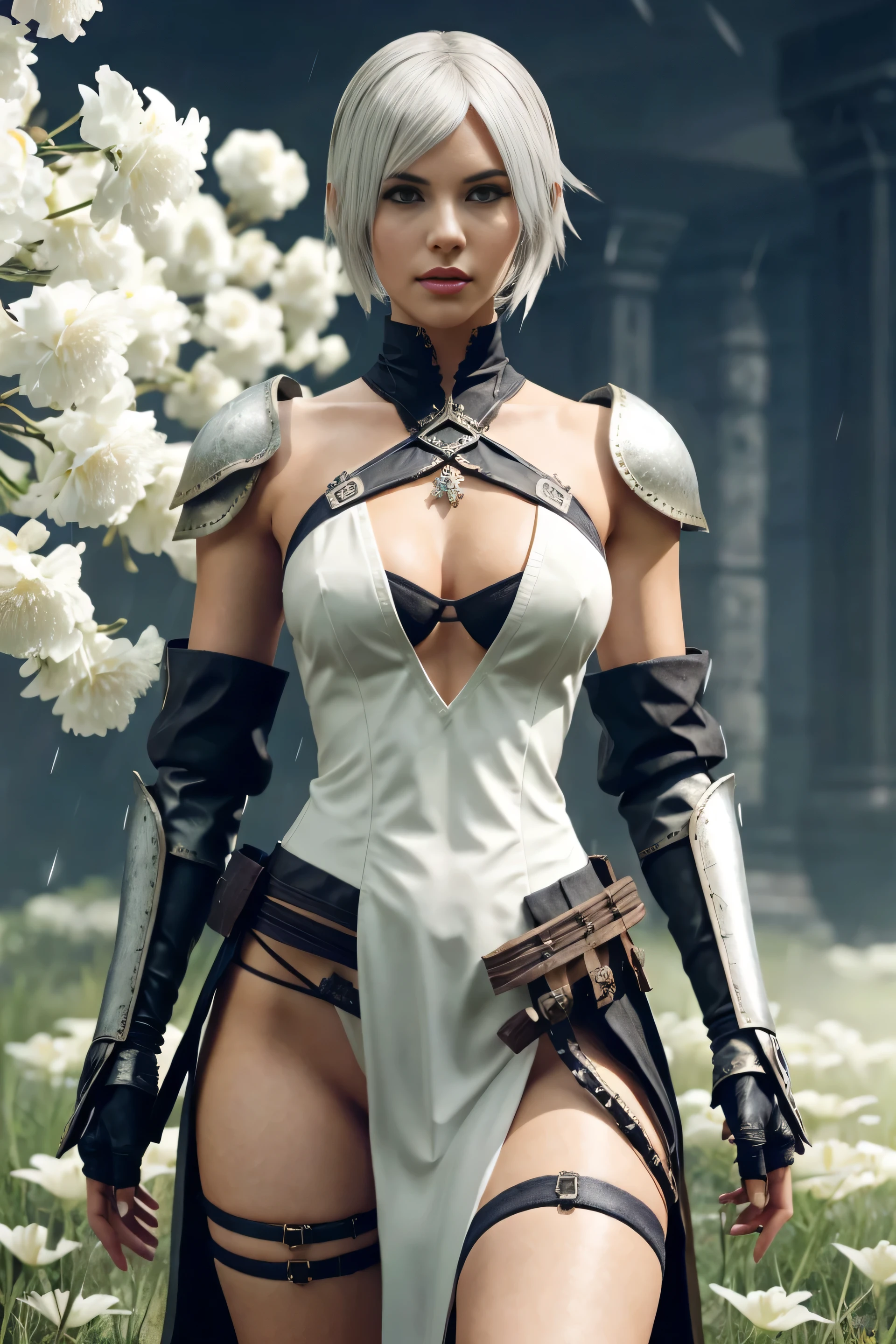 Beauty young woman in Nier Automata style in ornad e complex armor with rain & white flowers, holding two ornad, complex & elegant swords