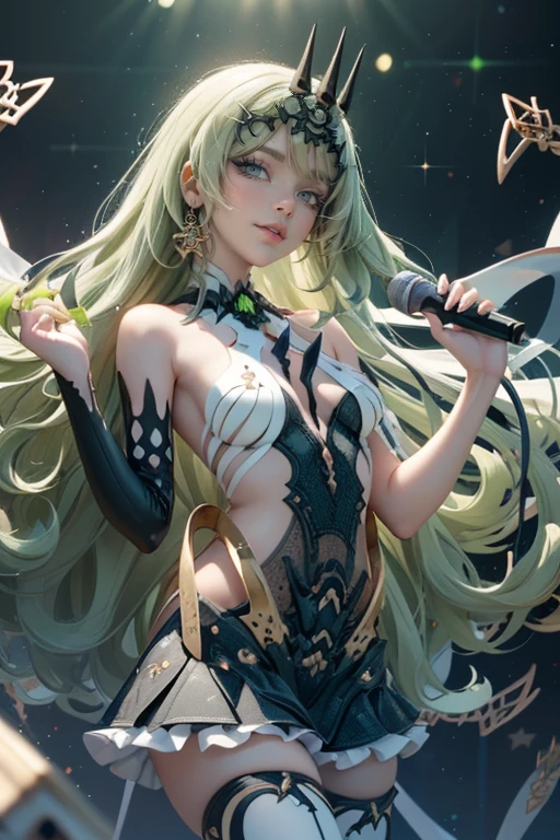 Mobius_(honkai impact 3rd), ornament hair, crown, perfectly body, perfectly hands, wave hair, green hair, long hair, green eyes, black dress, more details on her clothes, black dress with gold details, night, ornament hair, long hair, 1 girl, Looking at the audience, on the stage holding a microphone, gradient background, flowing hair, Beautiful Eyes, Plump and glossy lips, Idol, dress with too many frills, black dress, white laces, black Short skirt, Drape clothes, green gem, Lace trim, bright stage, luxury gold details, gold jewelry, more details, best quality, Big sparkling eyes, blushing, Striped Lace Stockings, black Lolita skirt, sparkle, solo, centered girl, cowboy shot, perfectly body, perfectly hands, two arms, two legs, two hands, five fingers, perfect anatomy, glowing hair, white roses, 1girl, dress, solo, flowing hair, floating hair, ornament hair, perfectly body, perfectly hands, on the stage, sparkles, more details on her clothes, dress with transparency, golden details on her dress, night, holding a microphone, ((4k, masterpiece, top-quality)), 8k, best quality, high resolution, UHD, (illustration:0.8), super cute girl, delicate and beautiful face, mature girl, super cute hairstyle, (beautiful detailed eyes:1.6), extremely detailed face, perfect lighting, extremely detailed CG, (perfect hands, perfect anatomy), Best quality 