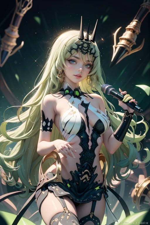 Mobius_(honkai impact 3rd), ornament hair, crown, perfectly body, perfectly hands, wave hair, green hair, long hair, green eyes, black dress, more details on her clothes, black dress with gold details, night, ornament hair, long hair, 1 girl, Looking at the audience, on the stage holding a microphone, gradient background, flowing hair, Beautiful Eyes, Plump and glossy lips, Idol, dress with too many frills, black dress, white laces, black Short skirt, Drape clothes, green gem, Lace trim, bright stage, luxury gold details, gold jewelry, more details, best quality, Big sparkling eyes, blushing, Striped Lace Stockings, black Lolita skirt, sparkle, solo, centered girl, cowboy shot, perfectly body, perfectly hands, two arms, two legs, two hands, five fingers, perfect anatomy, glowing hair, white roses, 1girl, dress, solo, flowing hair, floating hair, ornament hair, perfectly body, perfectly hands, on the stage, sparkles, more details on her clothes, dress with transparency, golden details on her dress, night, holding a microphone, ((4k, masterpiece, top-quality)), 8k, best quality, high resolution, UHD, (illustration:0.8), super cute girl, delicate and beautiful face, mature girl, super cute hairstyle, (beautiful detailed eyes:1.6), extremely detailed face, perfect lighting, extremely detailed CG, (perfect hands, perfect anatomy), Best quality 