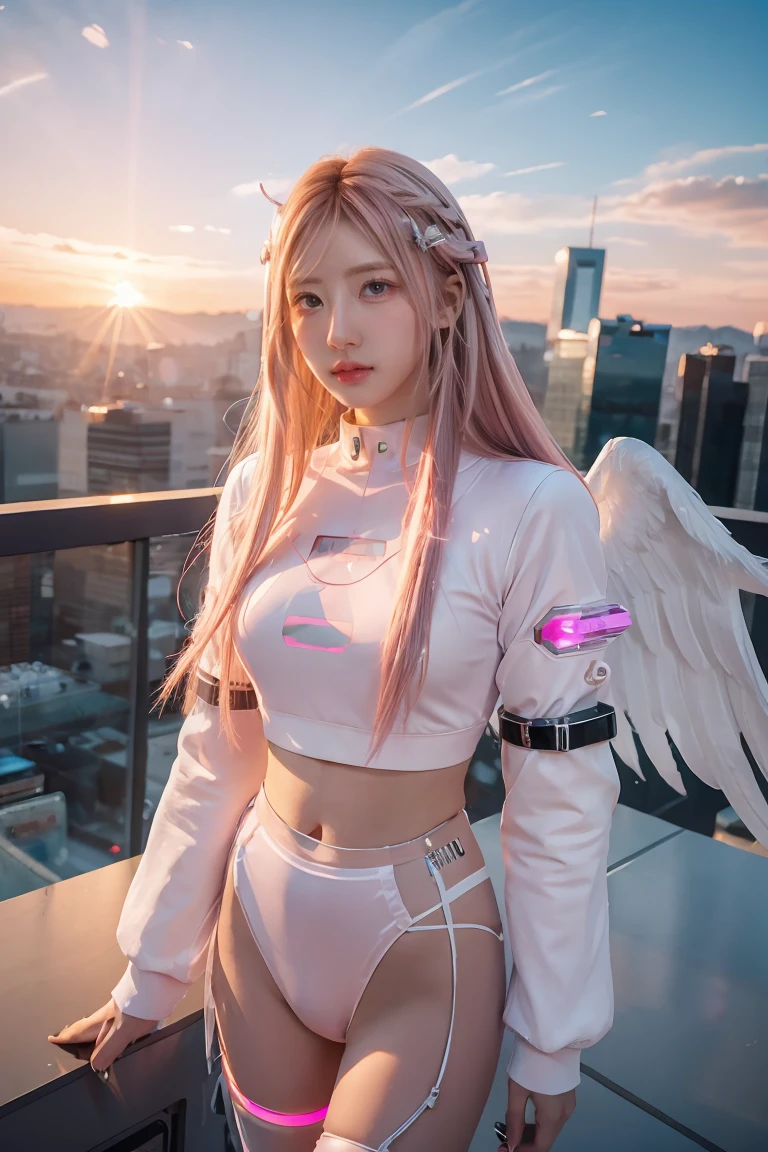 ((masterpiece, best quality, extremely detailed), volumetric lighting, ambient occlusion, colorful, glowing), 
1girl, solo, young girl, (pink hair), long hair, halo, aura, sacred, godness, cyber suit, (white outfit:1.3), android, bot, angel wings,
outdoors, sunset, sky, clouds, space, (cyberpunk theme:1.2),