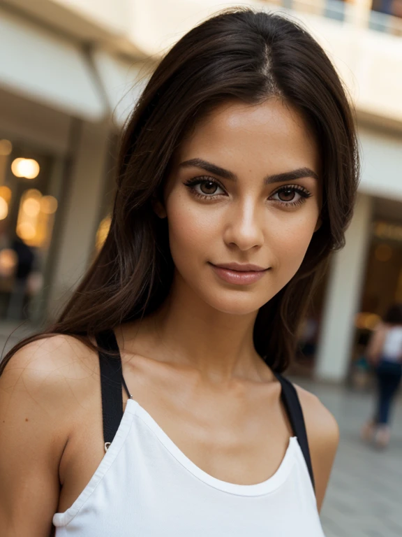 woman 27 years old, bruenette, walking in the mall, busy realistic look, sporty, 175cm tall, light tanned skin, realistic skin, Italian, summer, dark brown eyes, big eyes, Beautiful eyelashes, natural makeup, smile, charmant, anatomically correct, super detail, high details, high quality, highres, accurate, retina