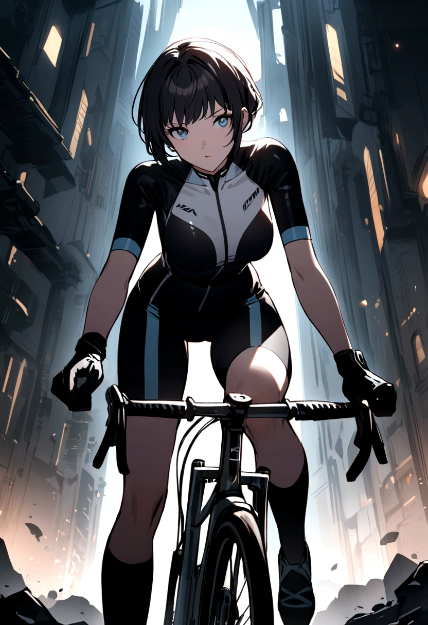 Create a woman cyclist character in black uniform with blue-grey eyes black hair