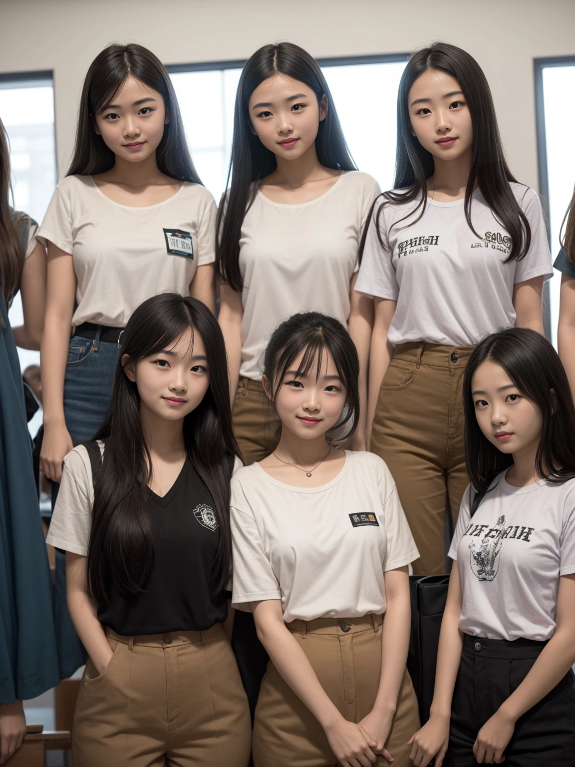 A group of 10 female students standing in a row、smile、Women's dormitory、Jersey、slender、Are thin、Blonde、Brown Hair、Black Hair、Huge boobs、Cleavage、Daytime、String Panties Thighs Thighs、Spread your legs wide、Short sleeve white shirt、Sexy、adultery、Amorous、Nipples