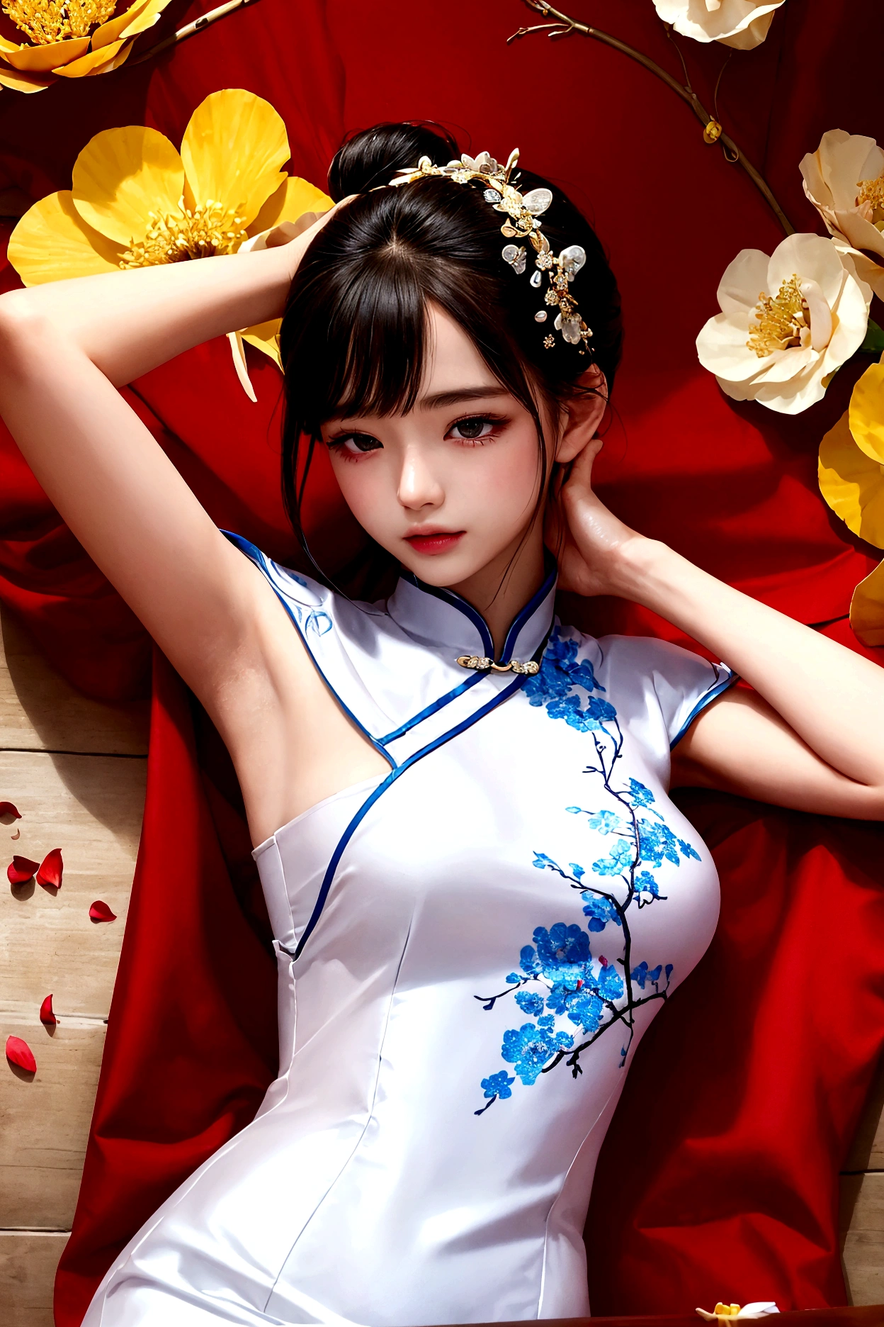 best quality, ultra-detailed, extremely delicate and beautiful, 1woman, cheongsam, single hair bun, hand on own head, bracelet, jewelry, scattered petals, reflective sea surface,