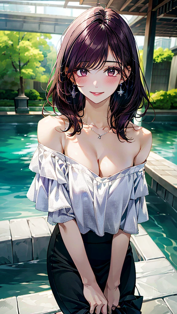 (masterpiece:1.3, Highest quality, Ultra-high resolution:1.2, Super detailed、8K), (Realistic, photoRealistic:1.4), Beautiful illustrations, Perfect lighting, colorful, Depth of written boundary, Beautiful detailed hair, Beautifully detailed face, Beautiful fine details, Droopy eyes、Beautiful clavicle, Beautiful body, 美しいLarge Breasts, Beautiful thighs, Beautiful feet, Beautiful fingers, View Viewer、Front view:0.6, Beauty1人, Japanese, Beauty、30 years old, Perfect Face, (Perfect Anatomy, Anatomically correct), Cute and symmetrical face, Baby Face, , Shiny skin,(White off-the-shoulder blouse:1.4), (Long skirt:1.3) 、(pumps:1.3)、(deep purple hair, Medium Straight Hair:1.4), braided bangs、Dark brown eyes, (Large Breasts, Slim body), necklace, Small earrings:1.1, (Beautiful views), (noon), aquarium、fish、 A soft smile、(Smile, Lips parted),
