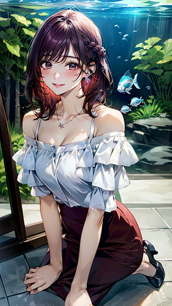 (masterpiece:1.3, Highest quality, Ultra-high resolution:1.2, Super detailed、8K), (Realistic, photoRealistic:1.4), Beautiful illustrations, Perfect lighting, colorful, Depth of written boundary, Beautiful detailed hair, Beautifully detailed face, Beautiful fine details, Droopy eyes、Beautiful clavicle, Beautiful body, 美しいLarge Breasts, Beautiful thighs, Beautiful feet, Beautiful fingers, View Viewer、Front view:0.6, Beauty1人, Japanese, Beauty、30 years old, Perfect Face, (Perfect Anatomy, Anatomically correct), Cute and symmetrical face, Baby Face, , Shiny skin,(White off-the-shoulder blouse:1.4), (Long skirt:1.3) 、(pumps:1.3)、(deep purple hair, Medium Straight Hair:1.4), braided bangs、Dark brown eyes, (Large Breasts, Slim body), necklace, Small earrings:1.1, (Beautiful views), (noon), aquarium、fish、 A soft smile、(Smile, Lips parted),