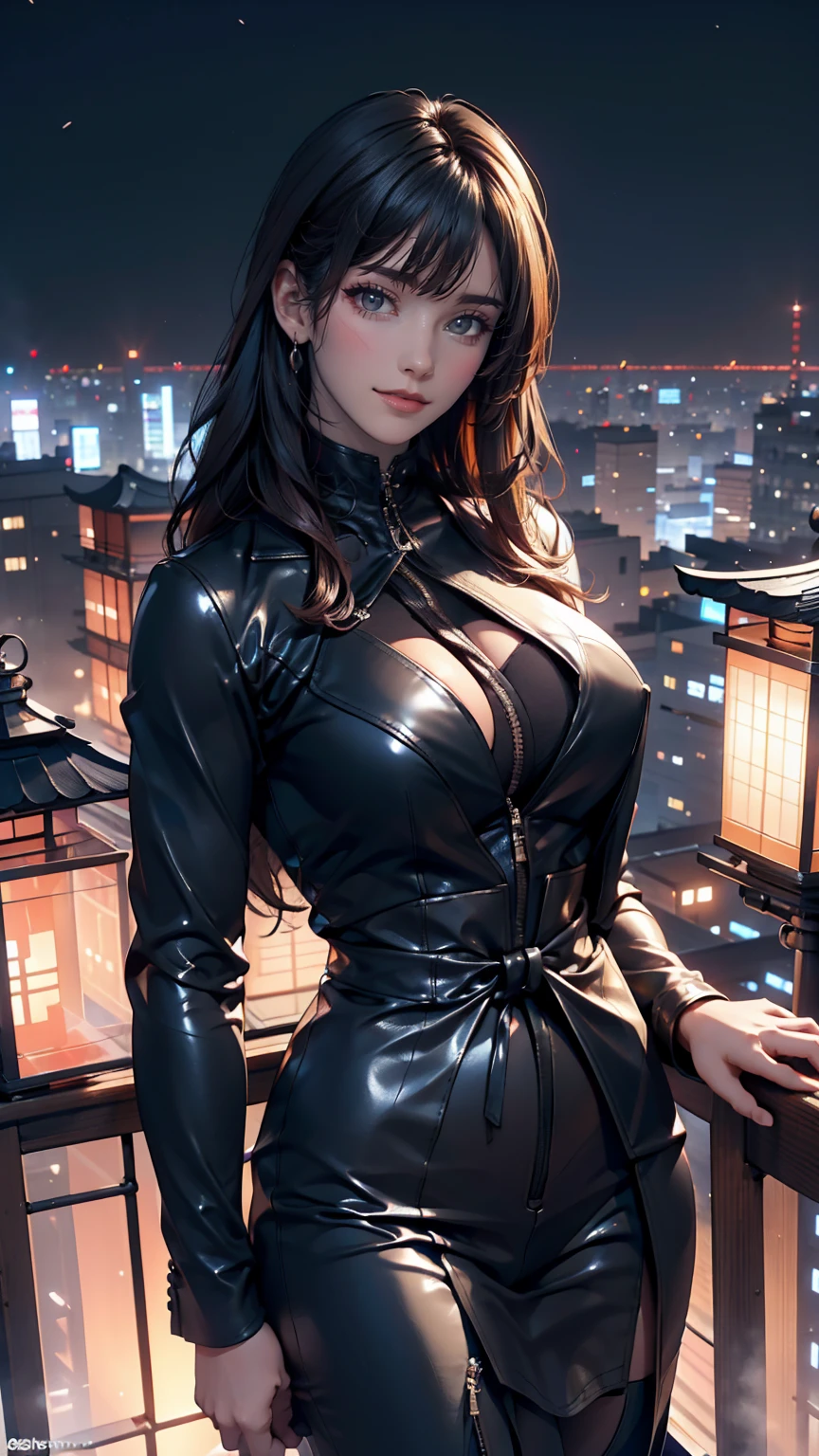 Japanese women, nice, Photorealistic and beautiful、Sexy proportions、Curved waist、Modern city background at night、Rooftop on a skyscraper、Top view、wear a black leather suit、smile