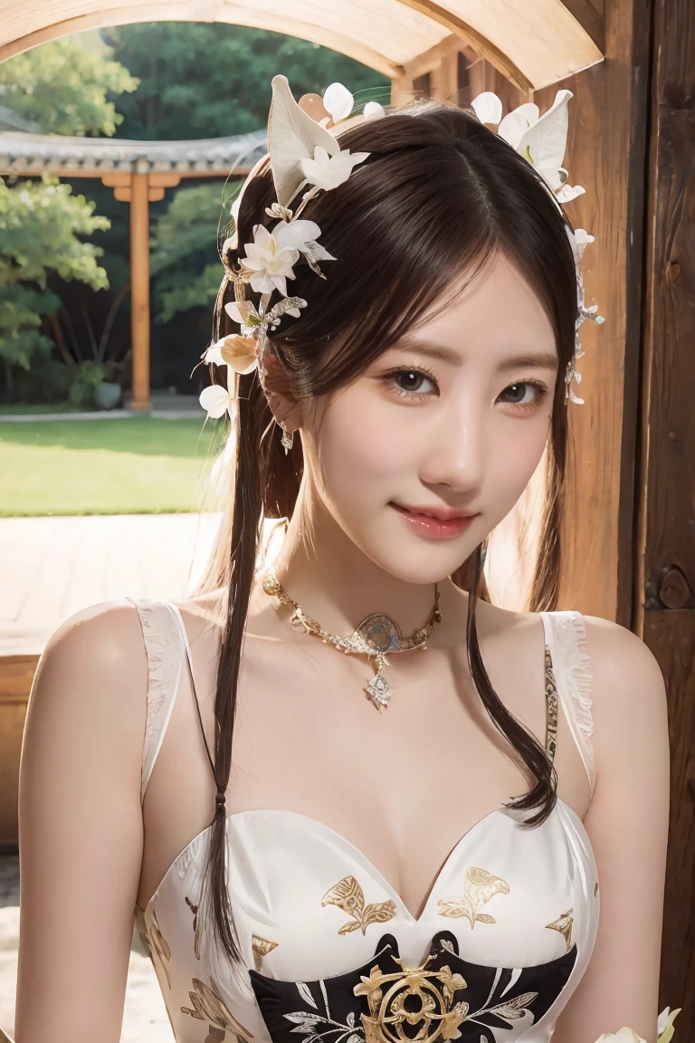 Best Quality, Masterpiece, Ultra High Resolution, (Realistic: 1.4), Xiuxian, Smiling, Shy, Belly Button, Delicate Makeup, Gorgeous Jewelry, Horse Face Dress, Detail Face,, 1 girl, white clothes, lotus print, maple leaf print, solo, weapon, (magic circle: 1.2), Xiuxian, upper body, beautiful girl, half-body, East Asian architecture, sheath, construction,