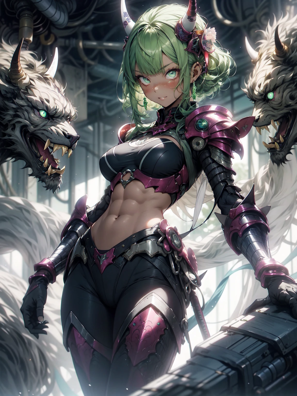 Be realistic,(masterpiece,Highest quality,Highest quality),Very detailed,Fractal Art,Most detailed、(Abstract background:1.5)(One Girl),Kamimei,(Hair length),(Glowing green eyes),(Big Breasts,Toned Abs、Stunned),crystallization,bikini、Sexy,Machine Armor,Sunburned skin、Berserk、Demon Horn、Large scratches