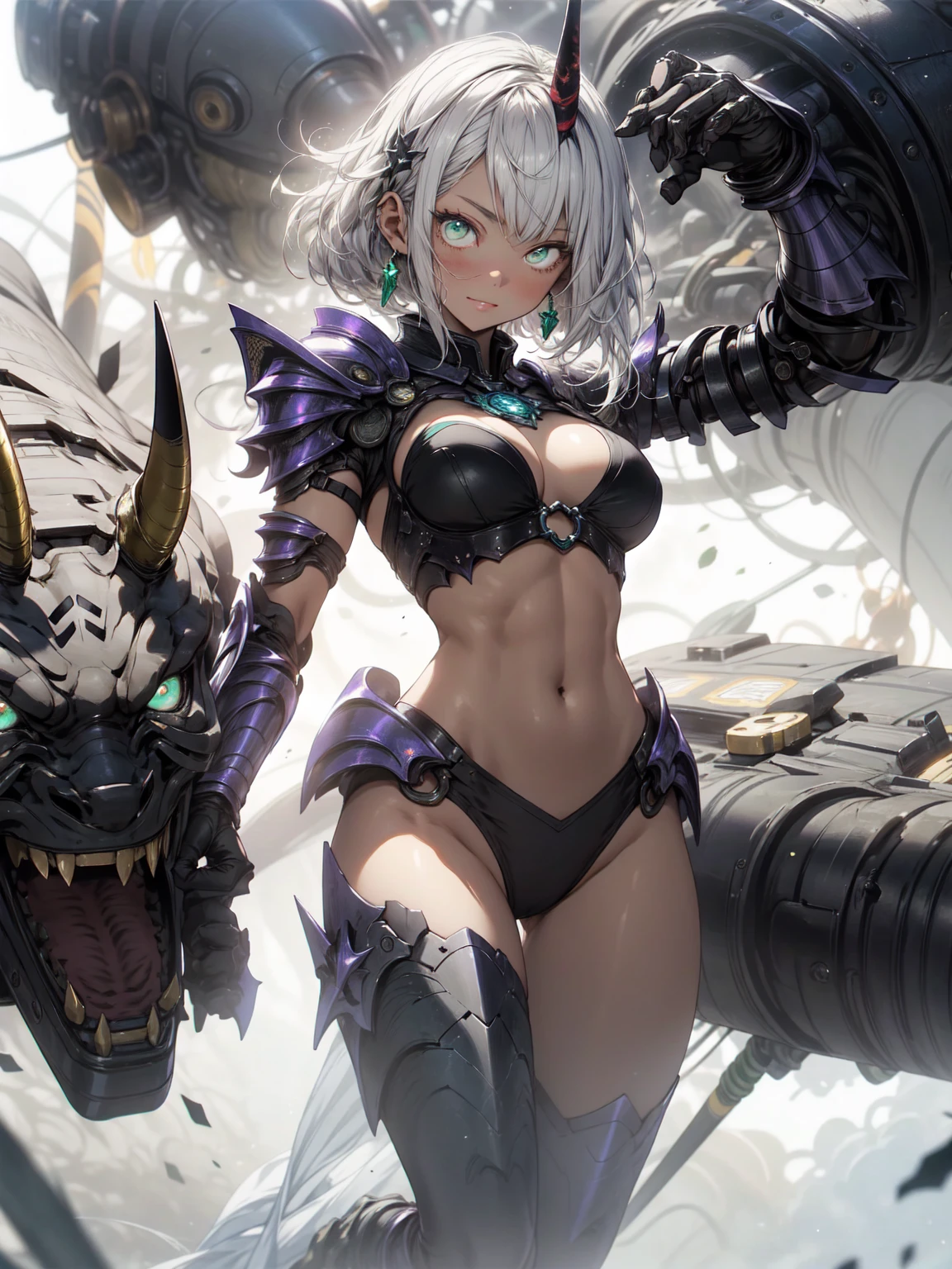 Be realistic,(masterpiece,Highest quality,Highest quality,Very detailed,Fractal Art,Most detailed,Tangled,(Abstract background:1.5)(1 Girl),Kamimei,(Hair length),(Glowing green eyes、Big Breasts、Toned Abs)、crystallization、Black Bikini,High leg,Sexy,Mechanical Armor,Sunburned skin、Demon Horn、Berserk、cut