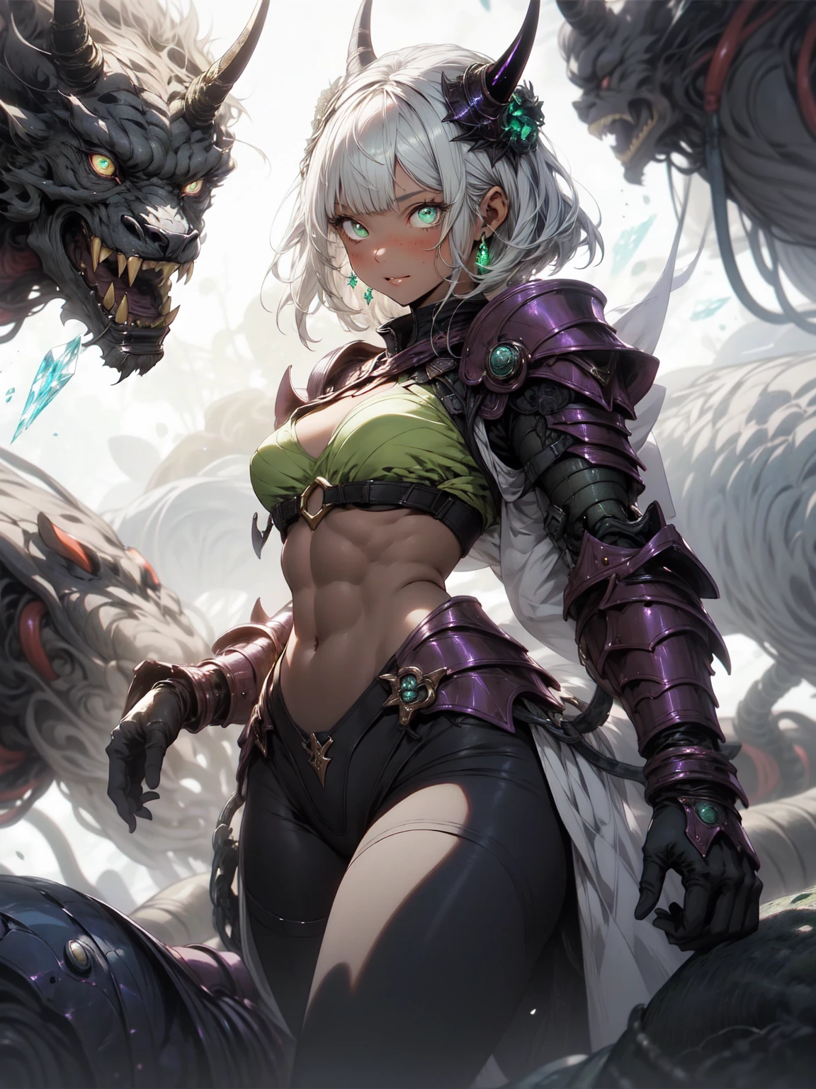 Muscular and huge savage girl, Decorated with intricate tat, and baring sharp teeth) + Dynamic Pose + Intricate details + joyfully laughing, with her dragon as a pet, (Big_Body:1.5),(Dark_skin:1),(Convoluted_detail:1),(with an intricate_Background:1.1), Jungle background, Short hair, (Tattoos:0.5), (Convoluted:1.5), Spread_Legs,The upper part of the body_Body,(Colossal tits:1.8),Plump