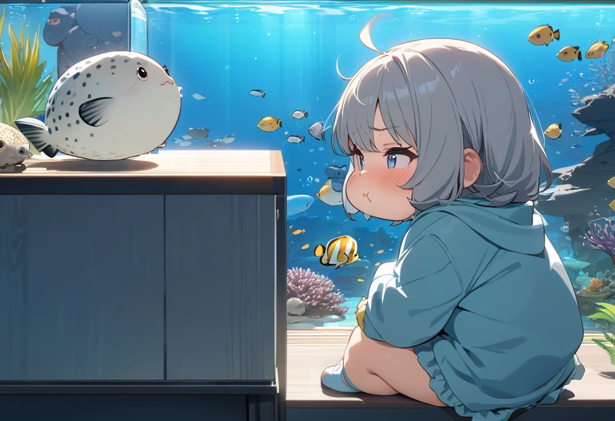 masterpiece, best quality, extremely detailed, anime, and puffer fish,,((girl is sulky,short girl is puffy cheeks)), fish tank, puffy puffer fish, girl watching puffer fish,side view,