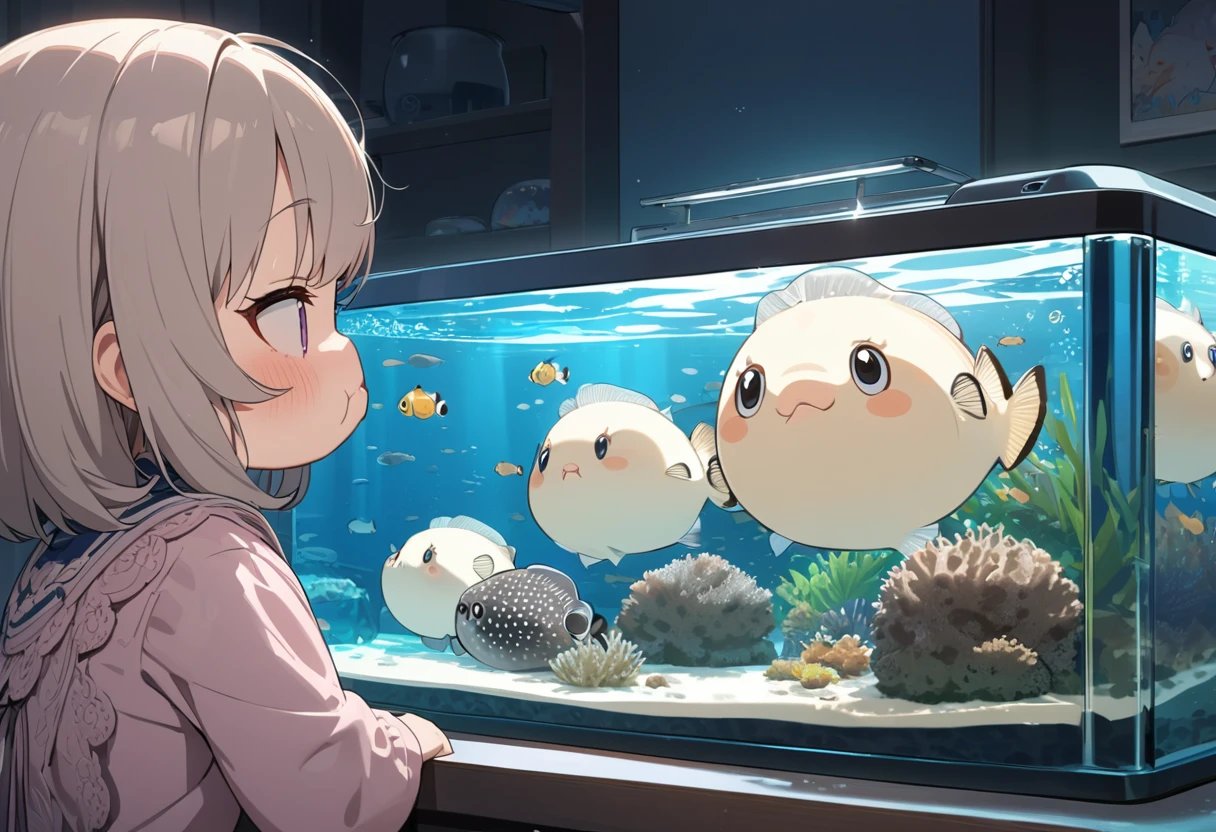 masterpiece, best quality, extremely detailed, anime, and puffer fish,,((girl is sulky,short girl is puffy cheeks)), fish tank, puffy puffer fish, girl watching puffer fish,side view,