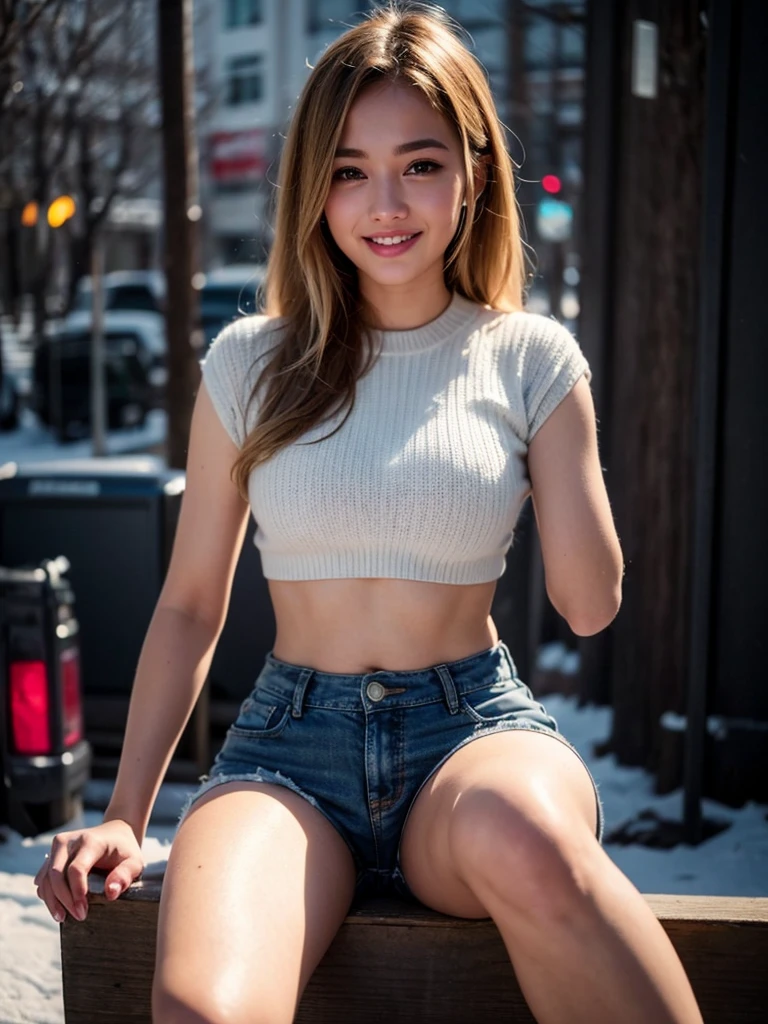 (smile)、(((Staring at the audience)))、Tokyo Street、white short shorts、White sports bra、((Open Stance)),Clean knees、Beach Volleyball、land、