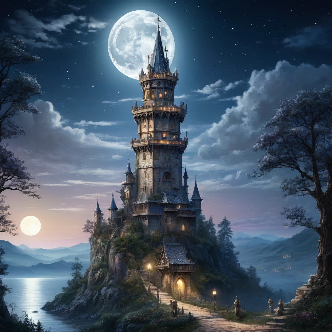 (best quality)), ((masterpiece)), ((realistic,digital art)), (super detailed), (gigantic tower of very slender mother-of-pearl under moonlight), (medieval fantasy style), magicians tower