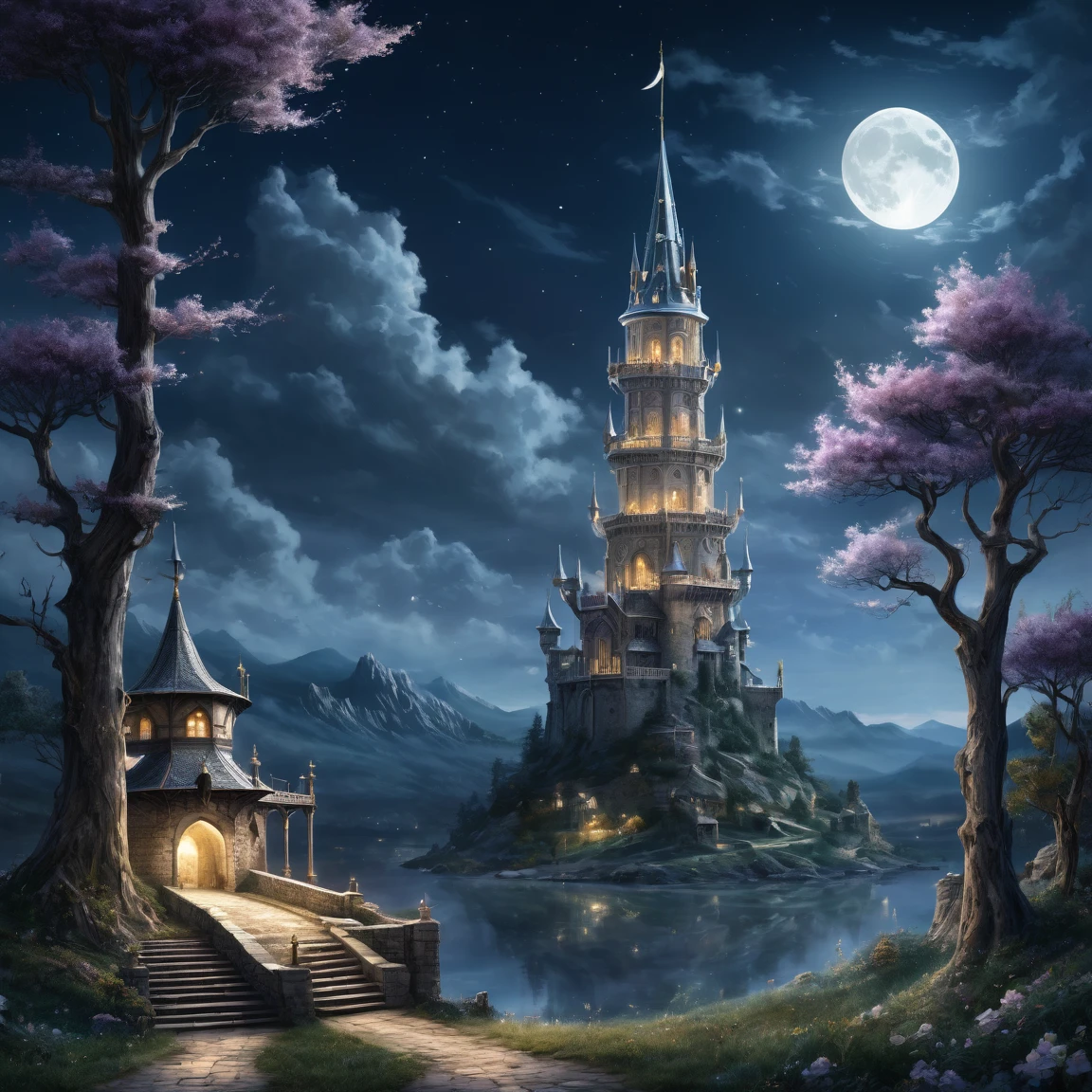 (best quality)), ((masterpiece)), ((realistic,digital art)), (super detailed), (gigantic tower of very slender mother-of-pearl under moonlight), (medieval fantasy style), magicians tower