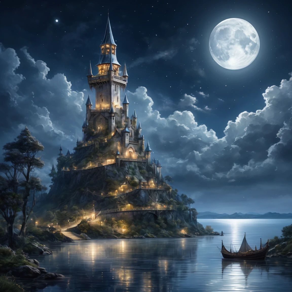 (best quality)), ((masterpiece)), ((realistic,digital art)), (super detailed), (gigantic tower of very slender mother-of-pearl under moonlight), (medieval fantasy style), magicians tower