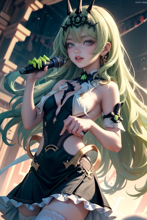 Mobius_(honkai impact 3rd), ornament hair, crown, perfectly body, perfectly hands, wave hair, green hair, long hair, green eyes, black dress, more details on her clothes, black dress with gold details, night, ornament hair, long hair, 1 girl, Looking at the audience, on the stage holding a microphone, flowing hair, Beautiful Eyes, Plump and glossy lips, Idol, dress with too many frills, black dress, white laces, black Short skirt, Drape clothes, green gem, Lace trim, bright stage, luxury gold details, gold jewelry, more details, best quality, Big sparkling eyes, blushing, Striped Lace Stockings, black ta skirt, sparkle, solo, centered girl, cowboy shot, perfectly body, perfectly hands, two arms, two legs, two hands, five fingers, perfect anatomy, glowing hair, white roses, 1girl, dress, solo, flowing hair, floating hair, ornament hair, perfectly body, perfectly hands, on the stage, sparkles, more details on her clothes, dress with transparency, golden details on her dress, night, holding a microphone, ((4k, masterpiece, top-quality)), 8k, best quality, high resolution, UHD, (illustration:0.8), super cute girl, delicate and beautiful face, mature girl, super cute hairstyle, (beautiful detailed eyes:1.6), extremely detailed face, perfect lighting, extremely detailed CG, (perfect hands, perfect anatomy), Best quality