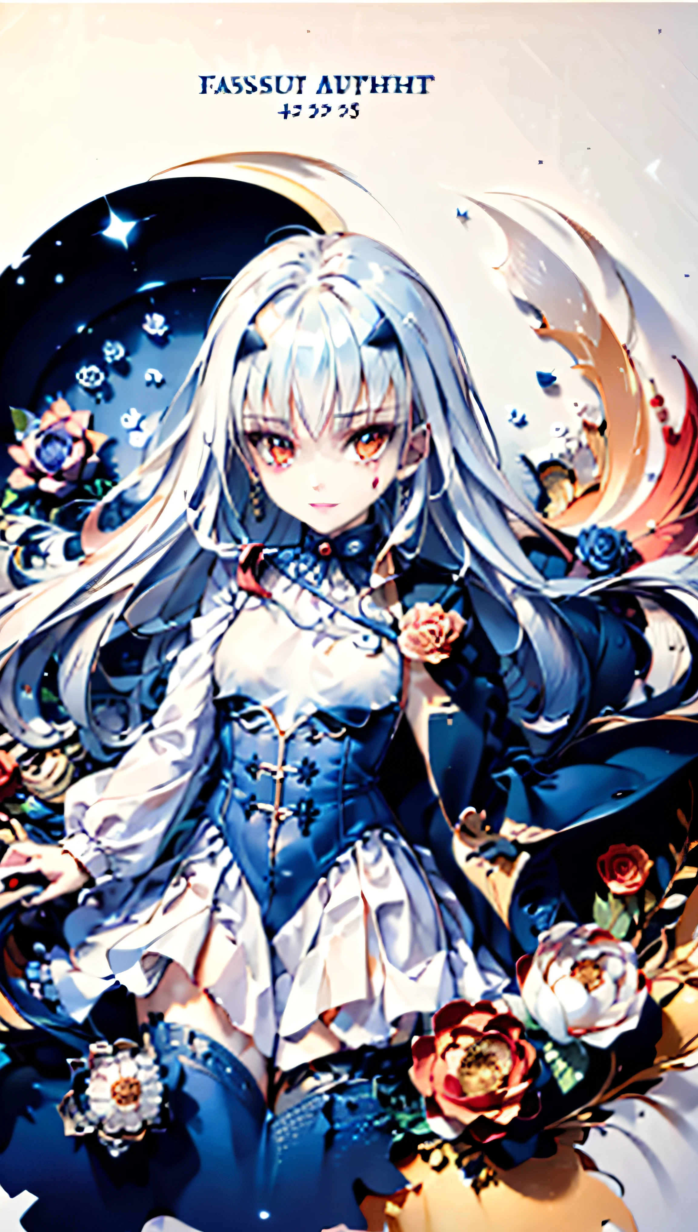 Uhd, absurdres, best_quality, masterpiece, best quality,1girl, solo, fairy knight lancelot (fate), (long white hair), sidelocks, forked eyebrows, small breasts, looking at viewer, dress, cape, (blue dress), bangs, long sleeves, (blood-orange  eyes), white rose, rose garden, medieval city in baclground, 