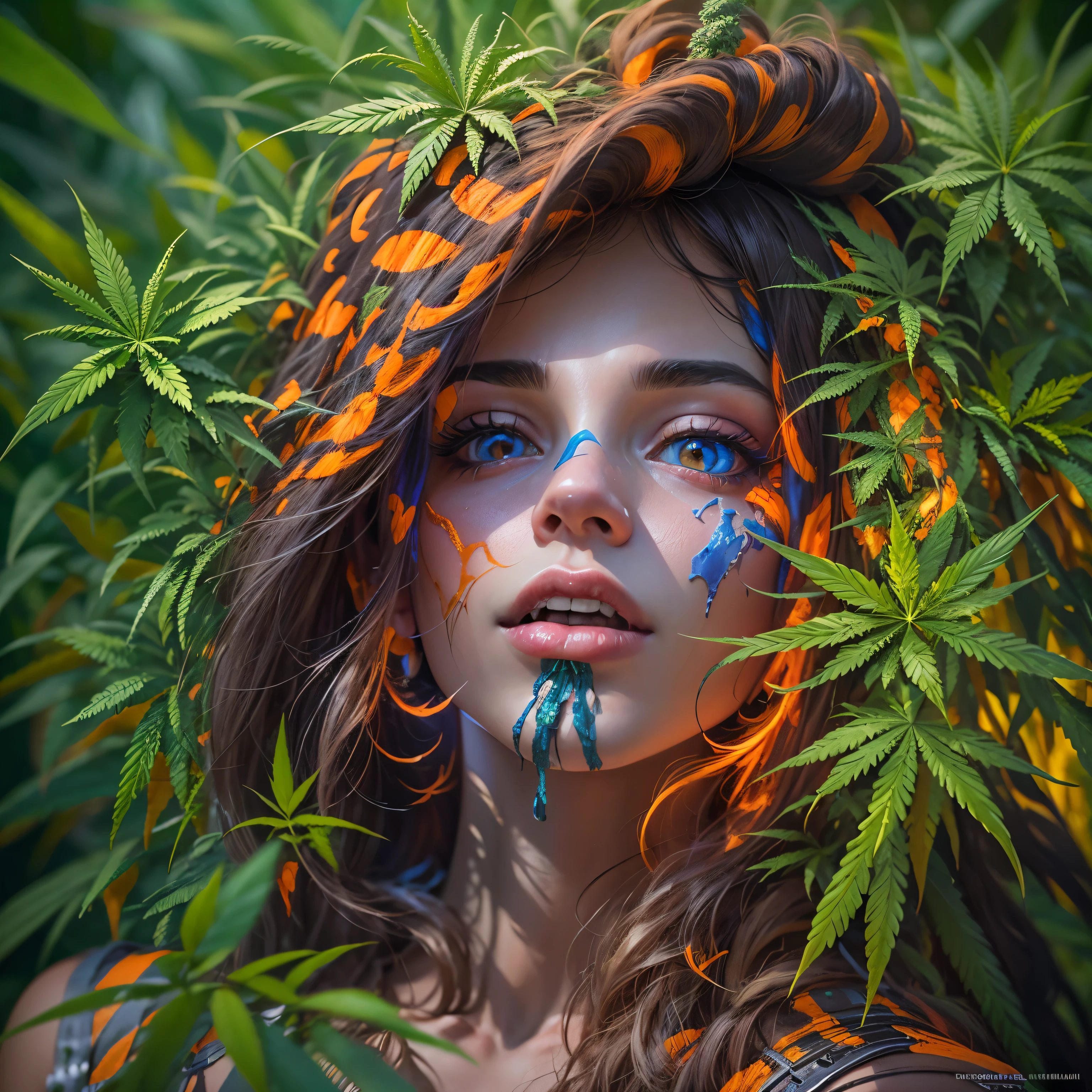 Top quality, masterpiece, super high resolution, ((Photorealistic: 1.4), raw photo, 1 beautiful girl buried in cannabis, ((portrait)), shiny skin, (super realistic details)), Cannabis and cocaine covering limbs, drug education. Beautiful woman with tongue sticking out, ((LSD)), psychedelic background, octane rendering, 8K, super sharp, metal, Intricate psychedelic details, very intricate details, realistic light, facing the camera, psychedelic details,