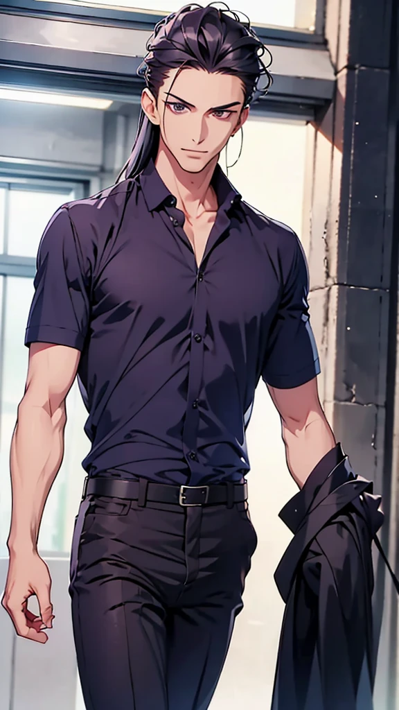 male、Navy Blue Shirt、Striped brand clothing、Think deeply