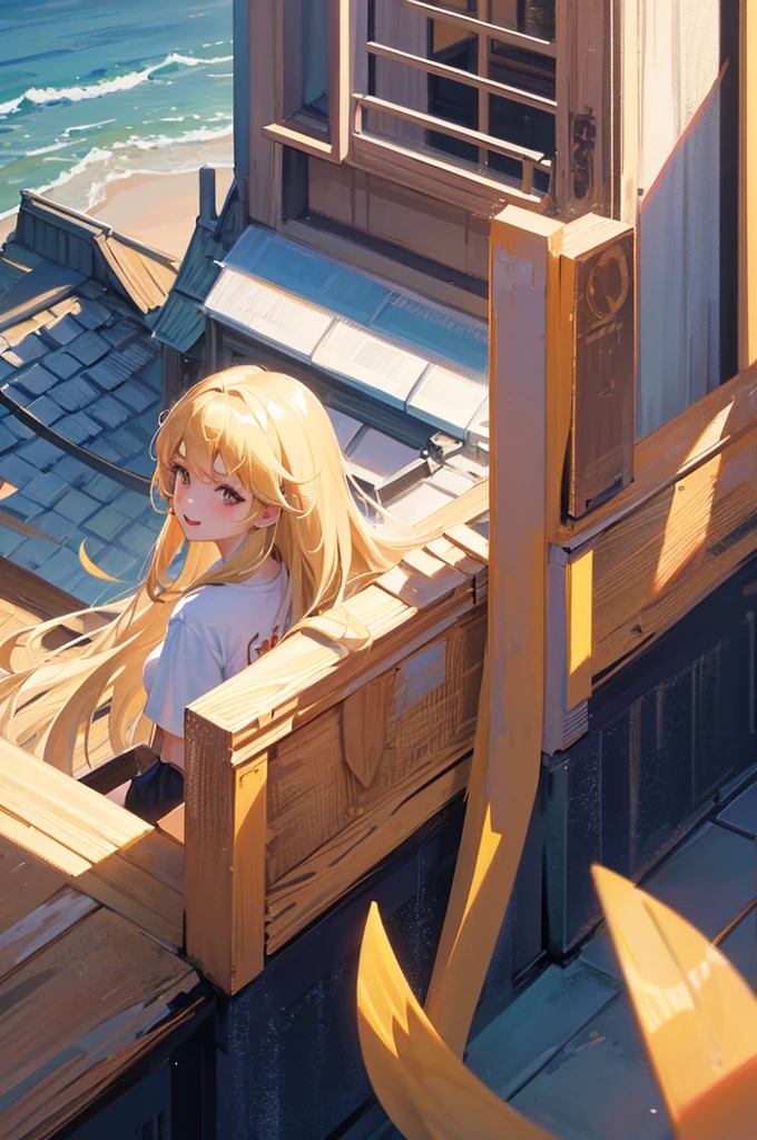 8K, Highest quality, masterpiece, Ultra-detailed、Blonde、Semi-long hair、、full lips、Brown eyes、18Year-old beauty、Portrait、Rooftop、laughing、T-Shirts、