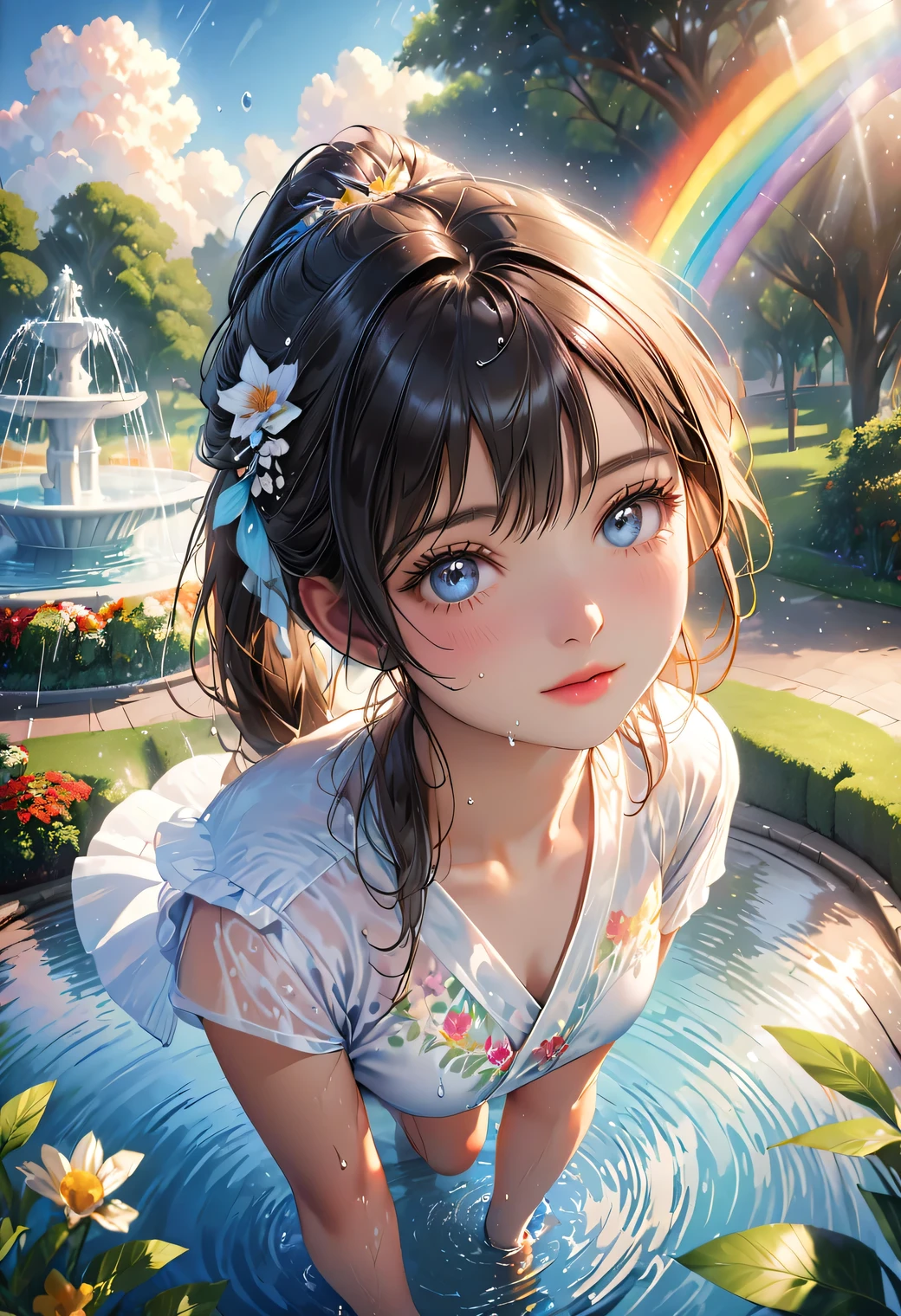 realistic detailed high quality photography, ultra-realistic, photorealistic:1.37, through bangs, 1girl, beautiful young girl, barefoot in a park, water fountain, water splashing, playing in water, rainbow, detailed facial features, long lashes, gorgeous eyes, delicate lips, wet hair, natural lighting, golden hour, lush greenery, detailed water droplets, splashing water, colorful rainbow, serene atmosphere, enchanting, magical, dreamlike,nijistyle,cute girl,woman