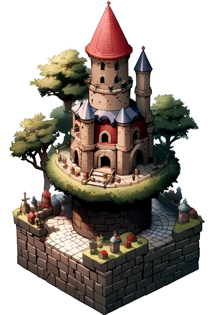 absurdres, best quality, fantasy, isometric, knolling style of (miniature brick round tower:1.2), tree, stone wall, (simple background:1.2)